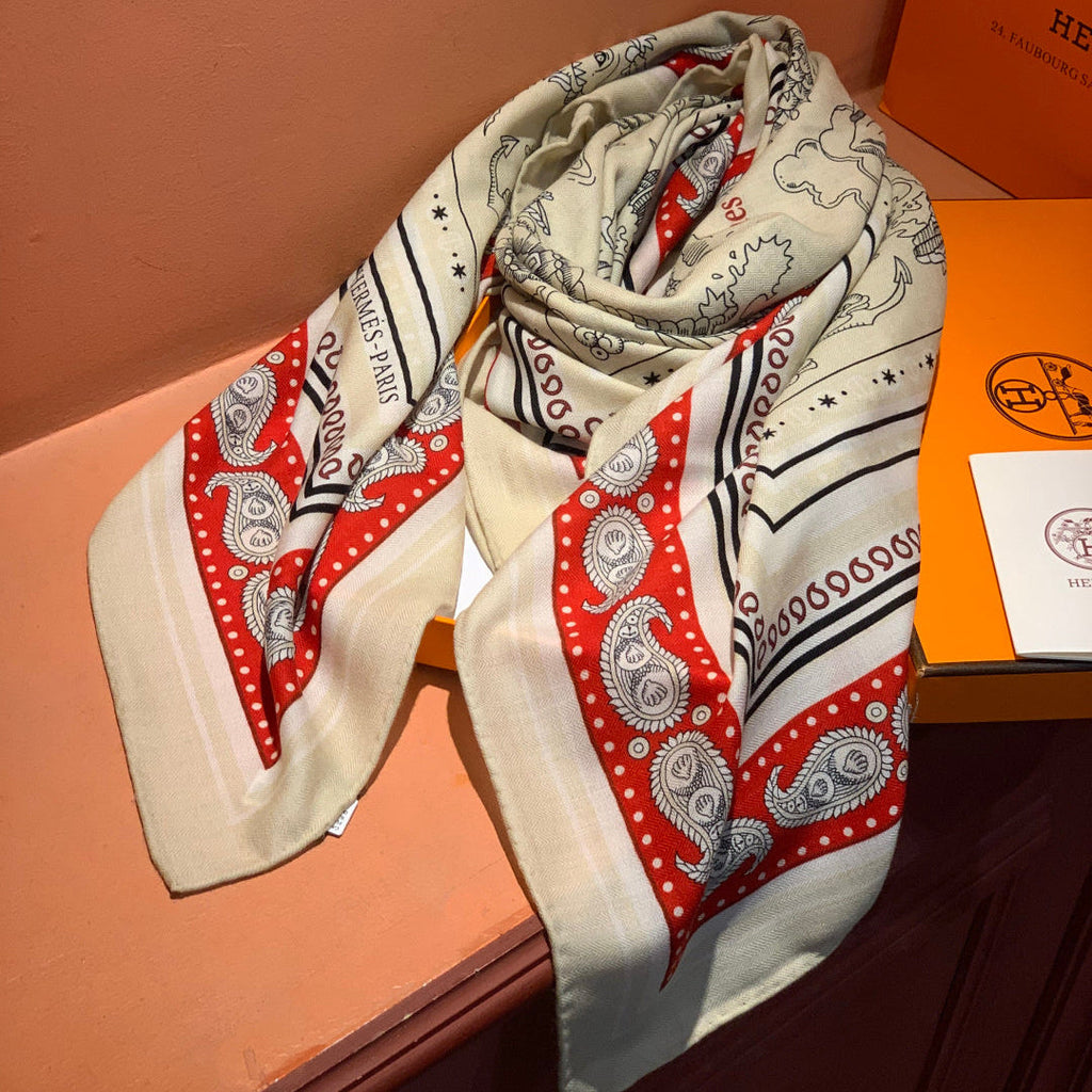 HM 26s Double-sided Scarf 140cm Cream Red Silk Cashmere 153143