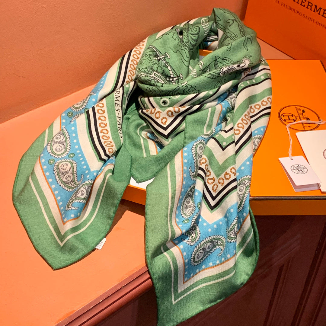 HM 26s Double-sided Scarf 140cm Green Silk Cashmere 153145