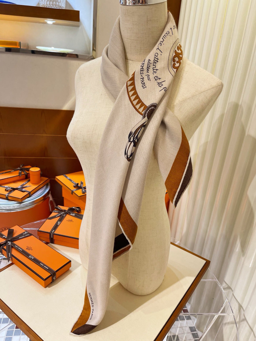 HM 26s Double-sided Scarf 140cm Naturel Marron Silk Cashmere 153155