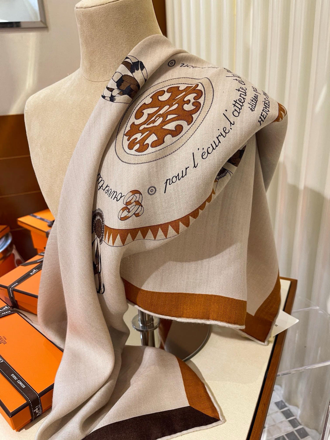 HM 26s Double-sided Scarf 140cm Naturel Marron Silk Cashmere 153155