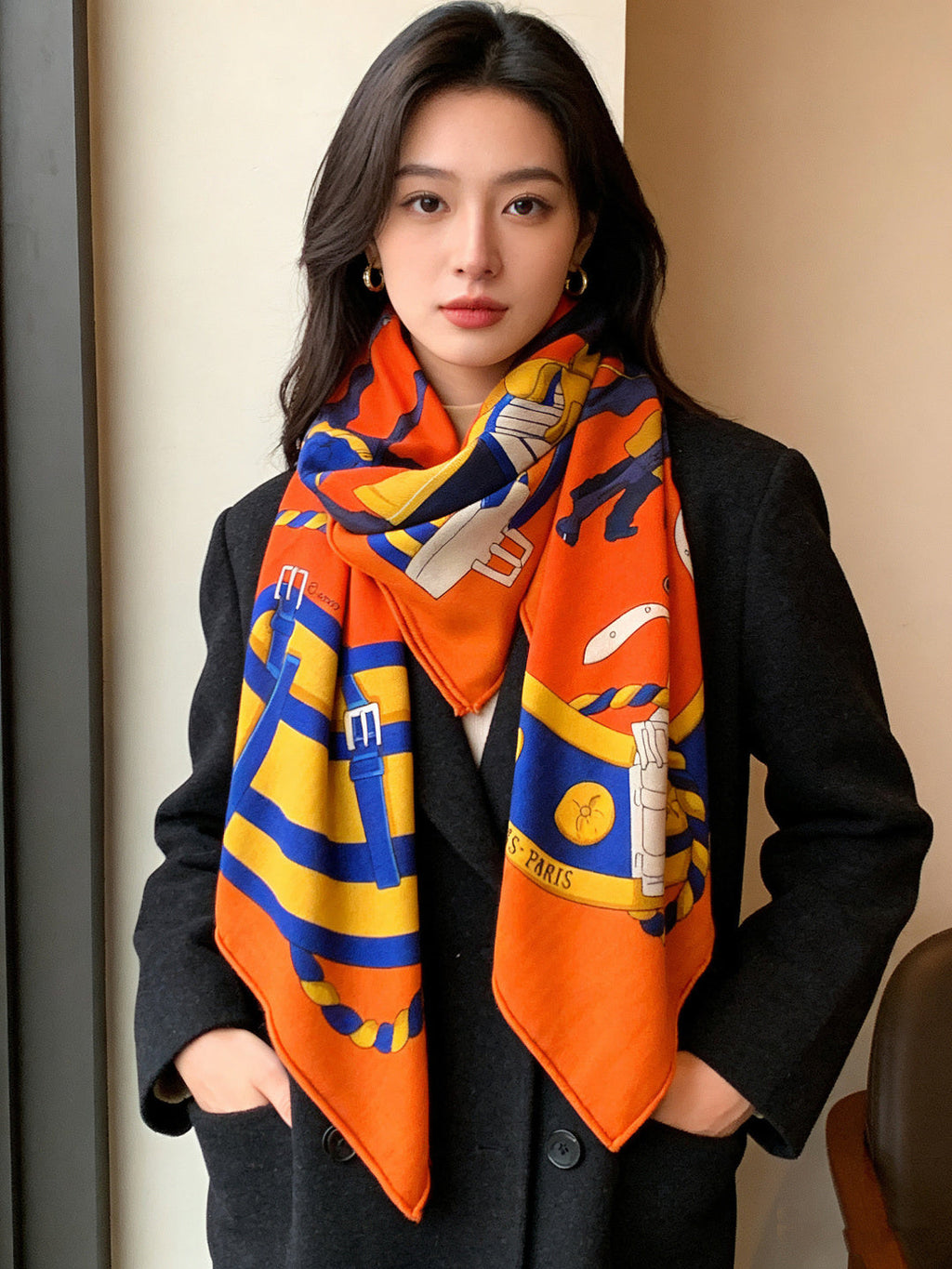 HM 26s Double-sided Scarf 140cm Orange Silk Cashmere 153157