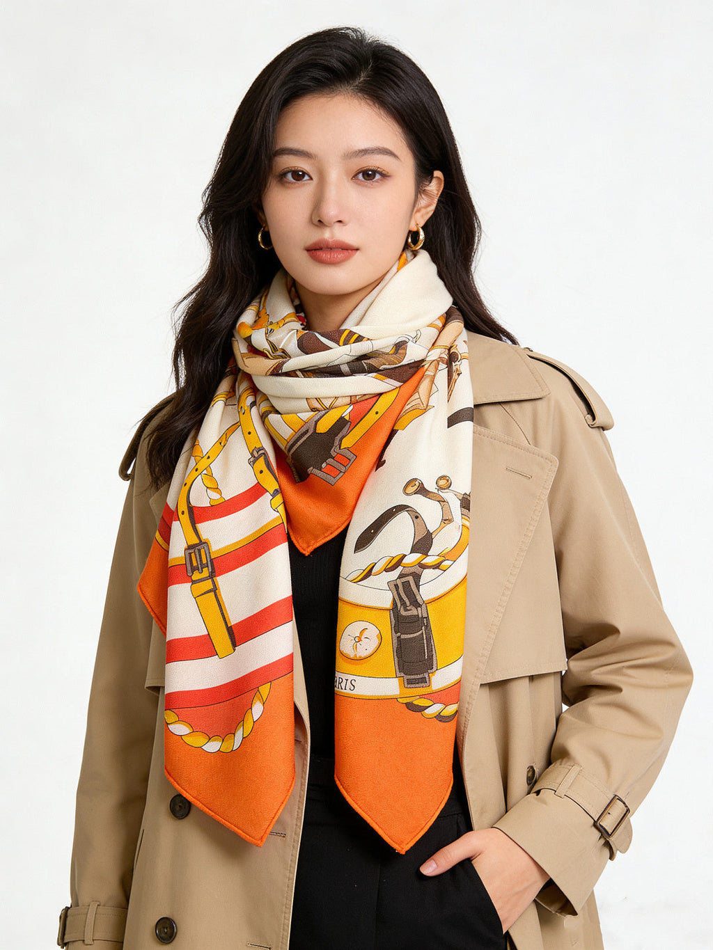 HM 26s Double-sided Scarf 140cm Orange Cream Silk Cashmere 153158