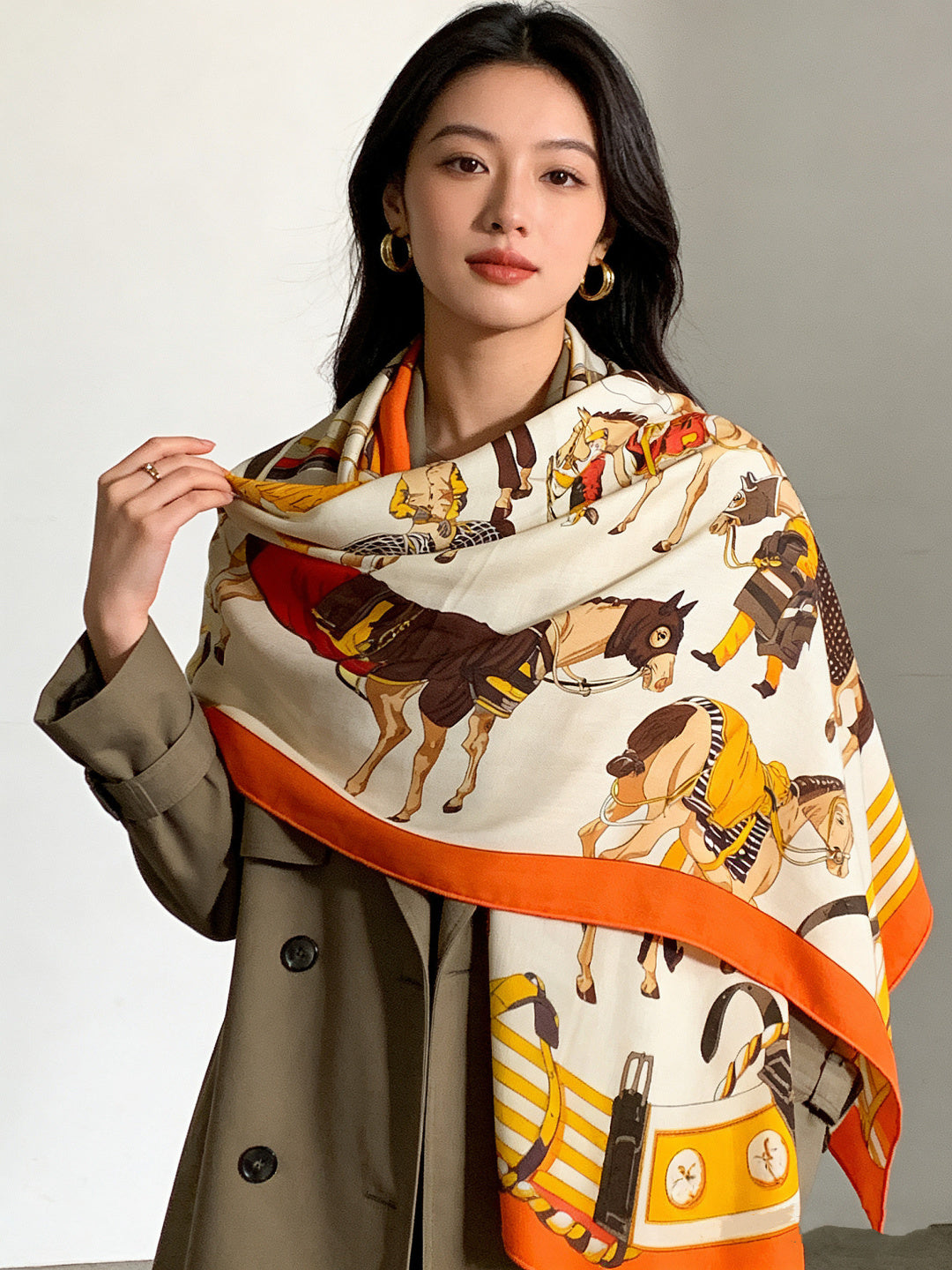 HM 26s Double-sided Scarf 140cm Orange Cream Silk Cashmere 153158