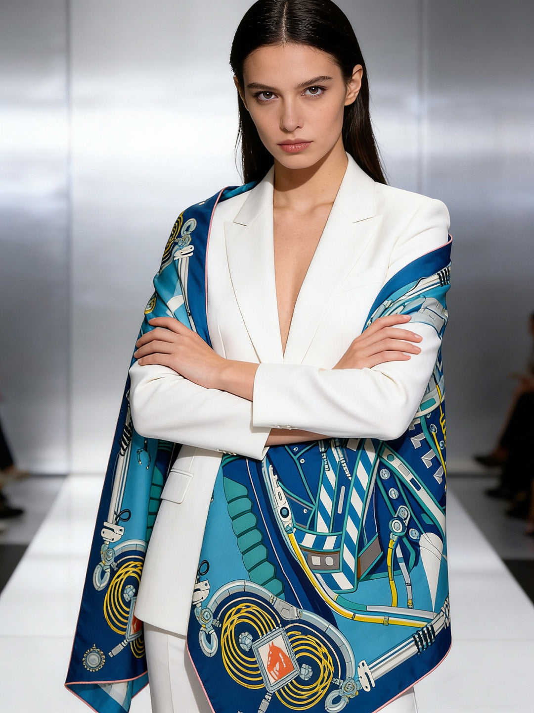 HM 26s Double-sided Scarf 140cm Blue Turquoise Silk Cashmere 153161