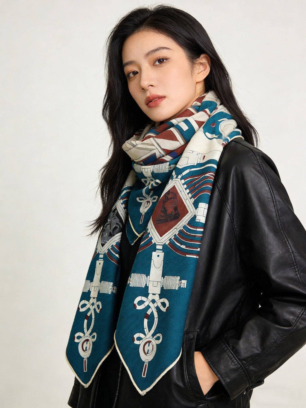 HM 26s Double-sided Scarf 140cm Blue Marine Beige Silk Cashmere 153162