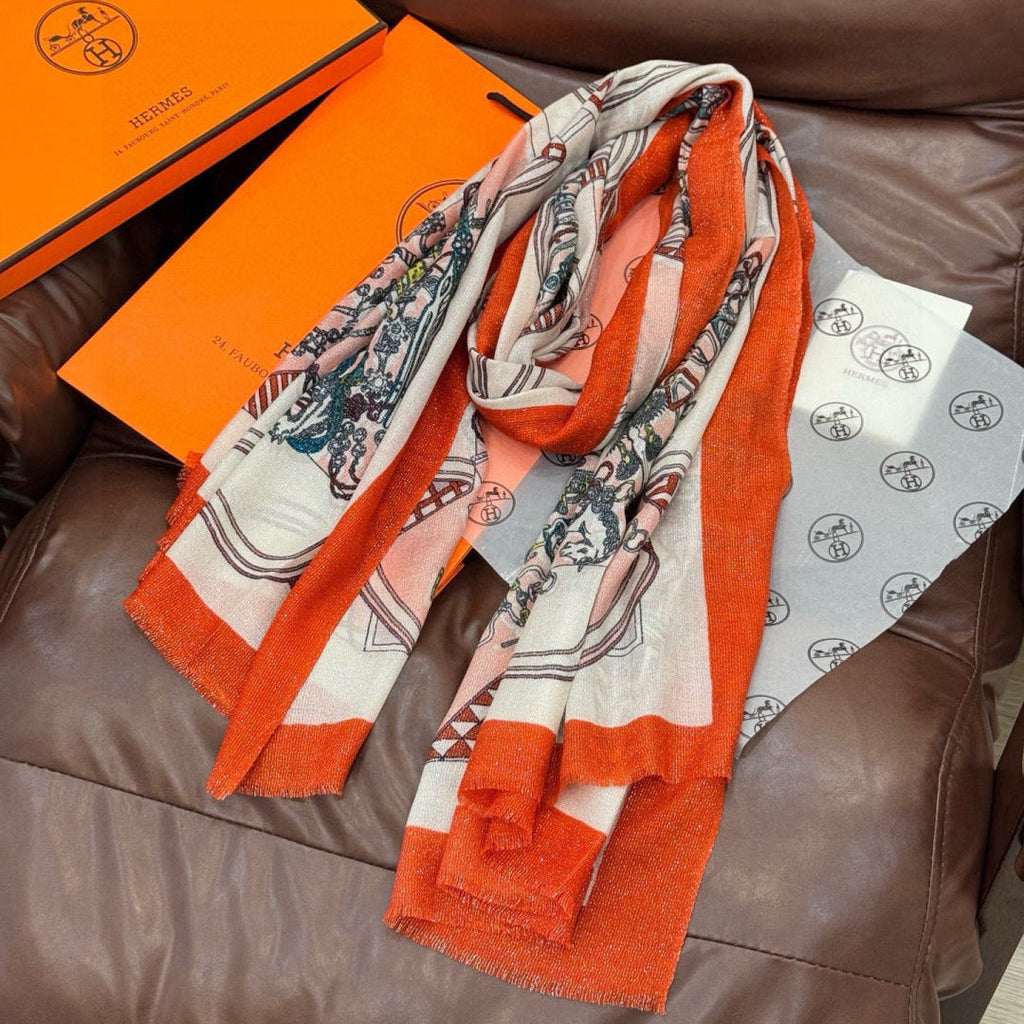 HM 26s Double-sided Scarf 200*100 Orange Cuit Ivory Cashmere 153175