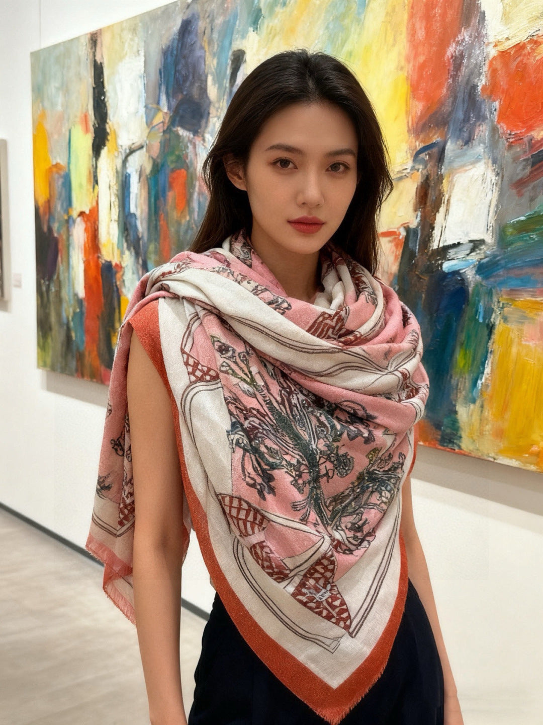 HM 26s Double-sided Scarf 200*100 Orange Cuit Ivory Cashmere 153175