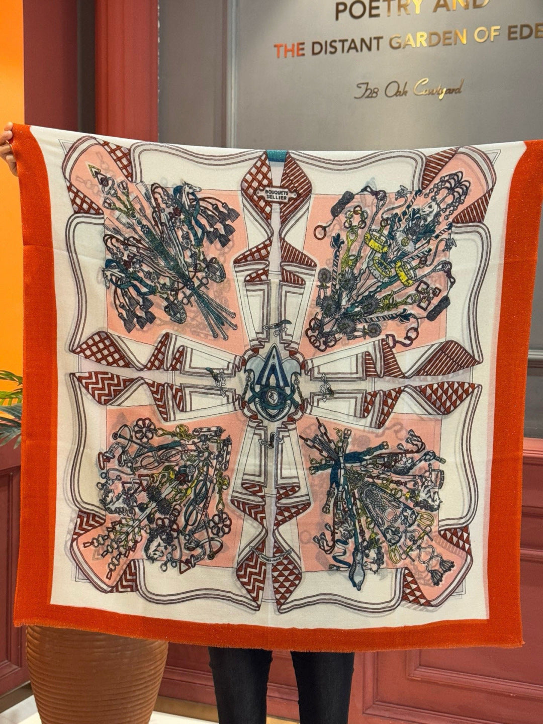 HM 26s Double-sided Scarf 200*100 Orange Cuit Ivory Cashmere 153175