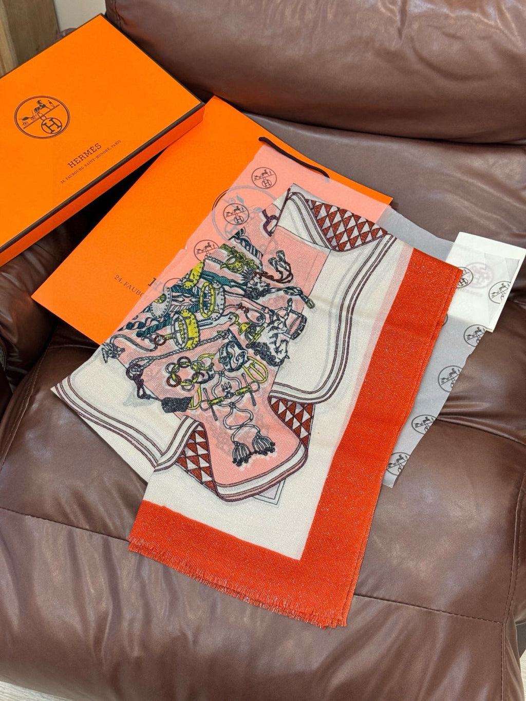 HM 26s Double-sided Scarf 200*100 Orange Cuit Ivory Cashmere 153175