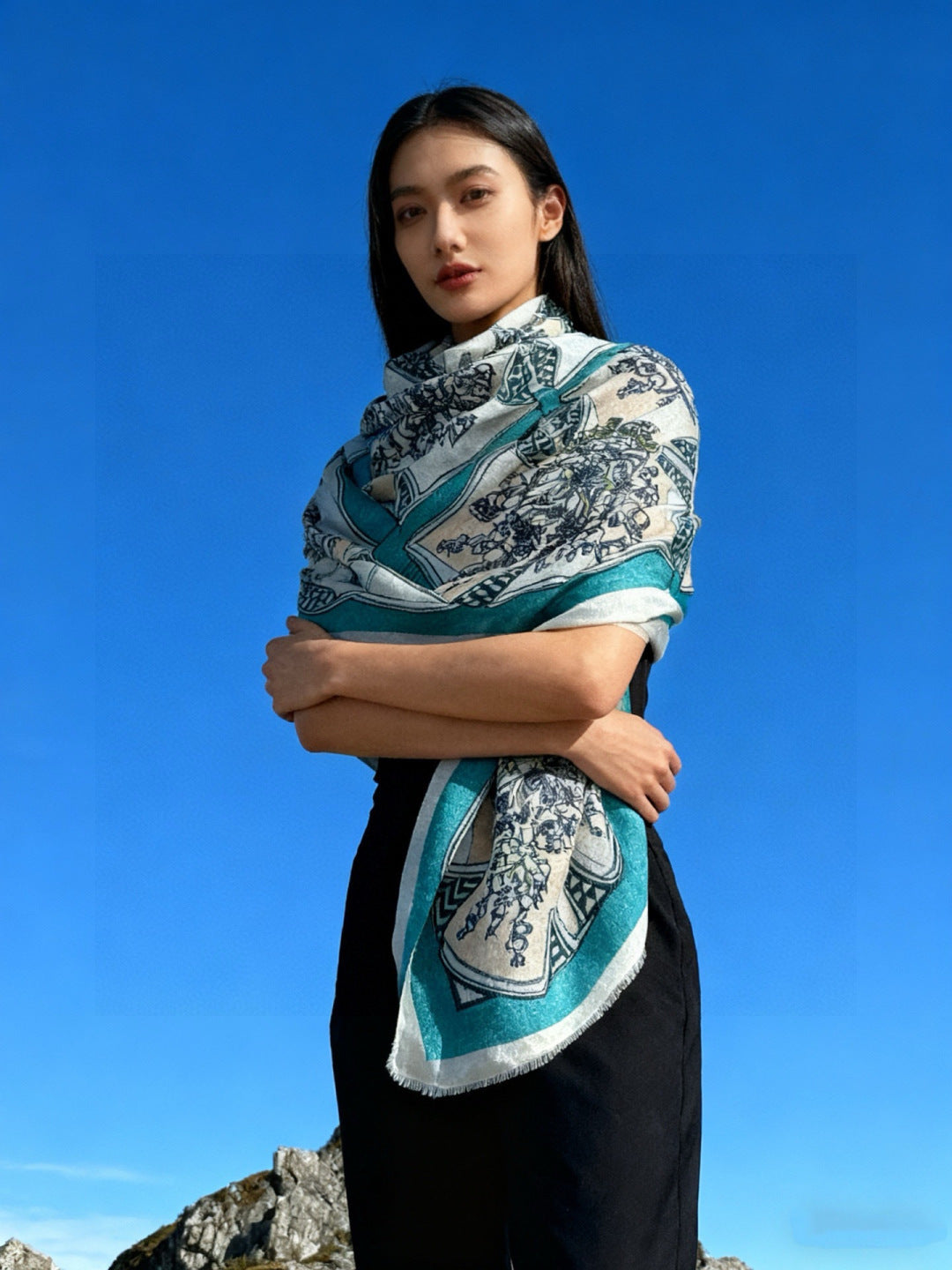 HM 26s Double-sided Scarf 200*100 Vert Marine Ivoire Cashmere 153176