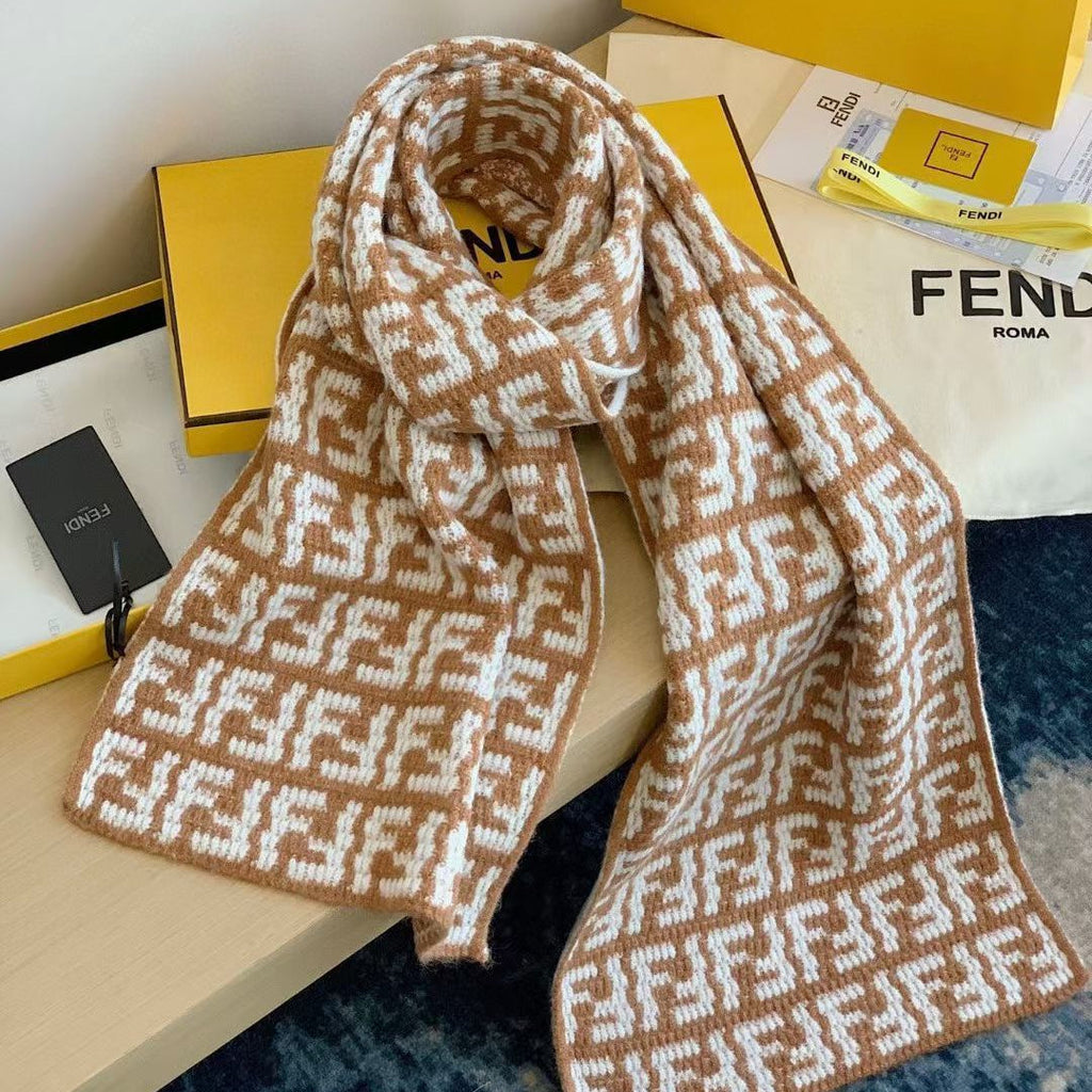 FF Jacquard 180CM Scarf Light Brown White Wool 104534