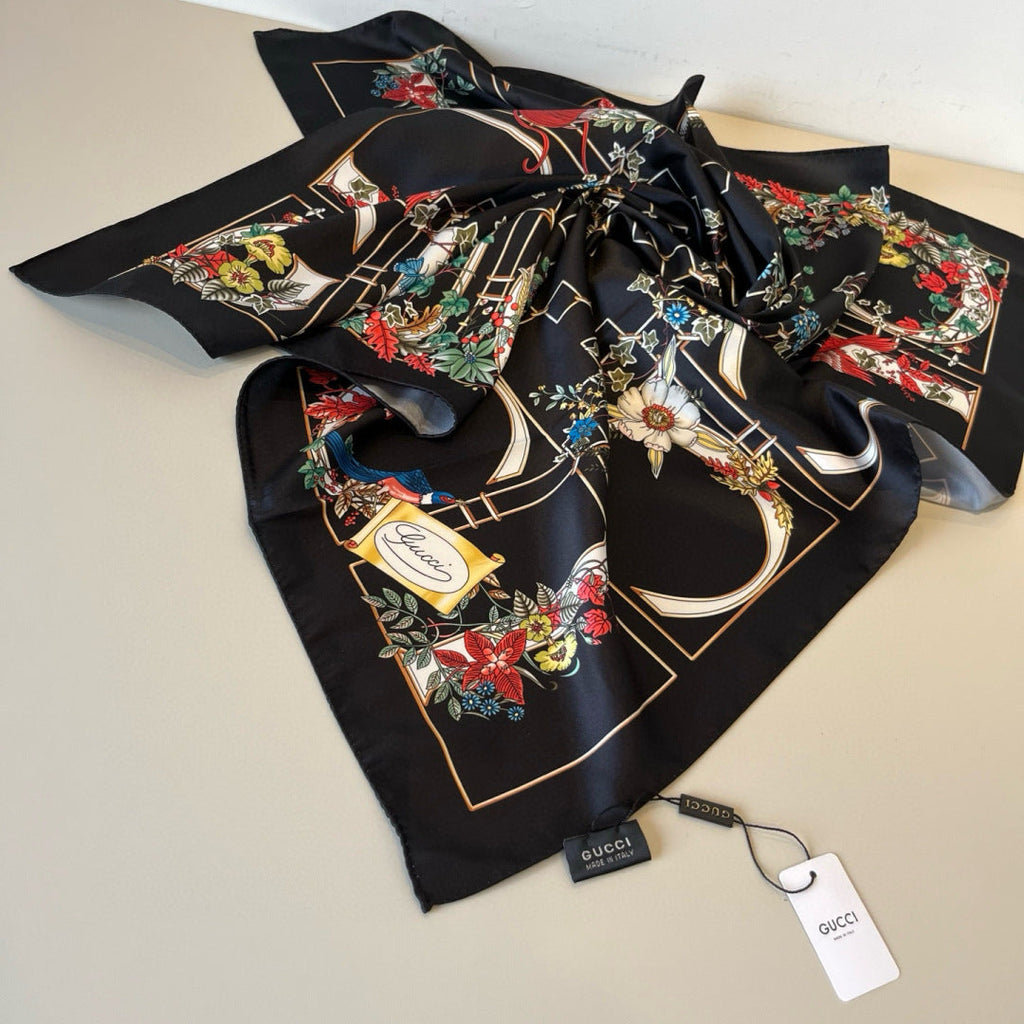 GG Signature Floral Scarf 90CM Black Muticolor Twill Mulberry Silk 280660