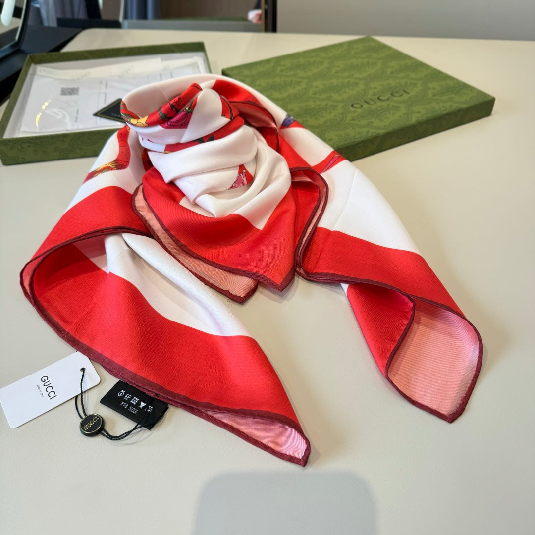 GG Signature Floral Scarf 90CM White Red Twill Silk 280694