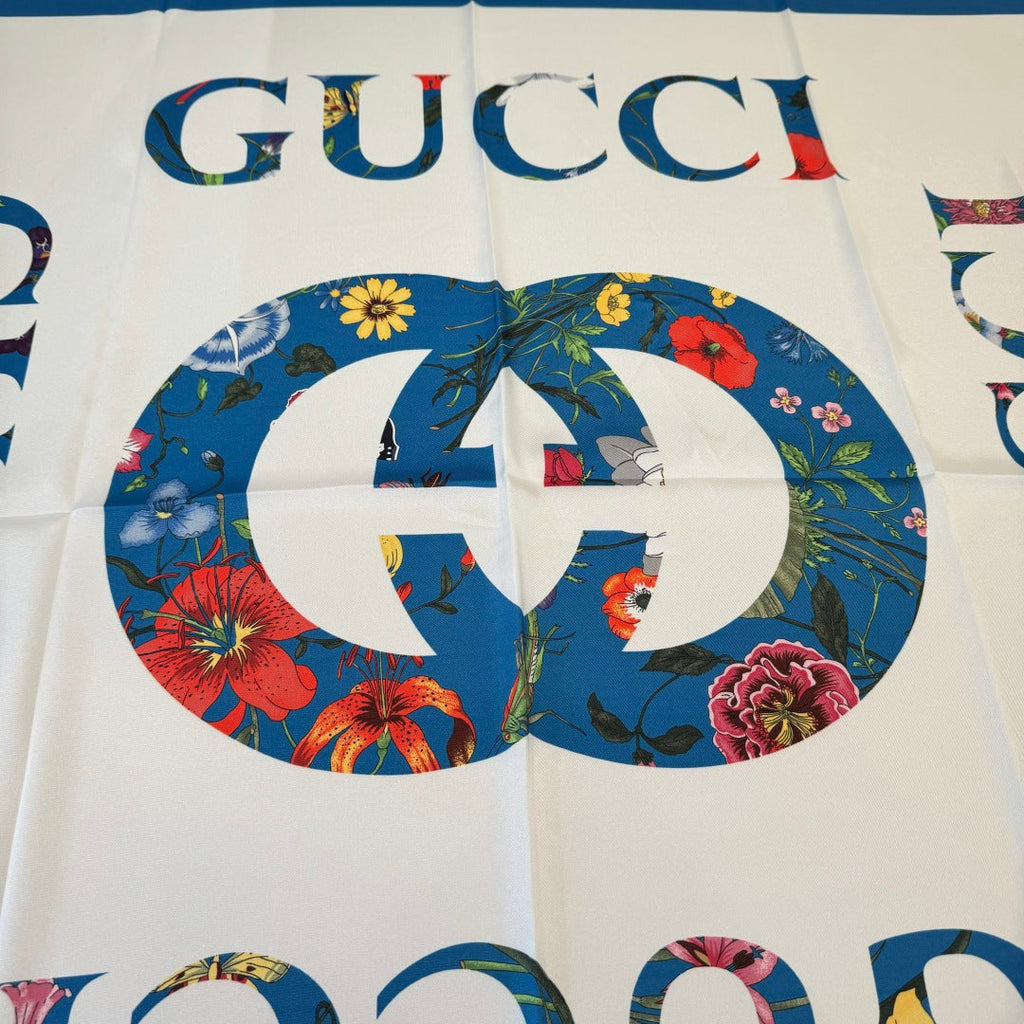 GG Signature Floral Scarf 90CM White Blue Twill Silk 280695