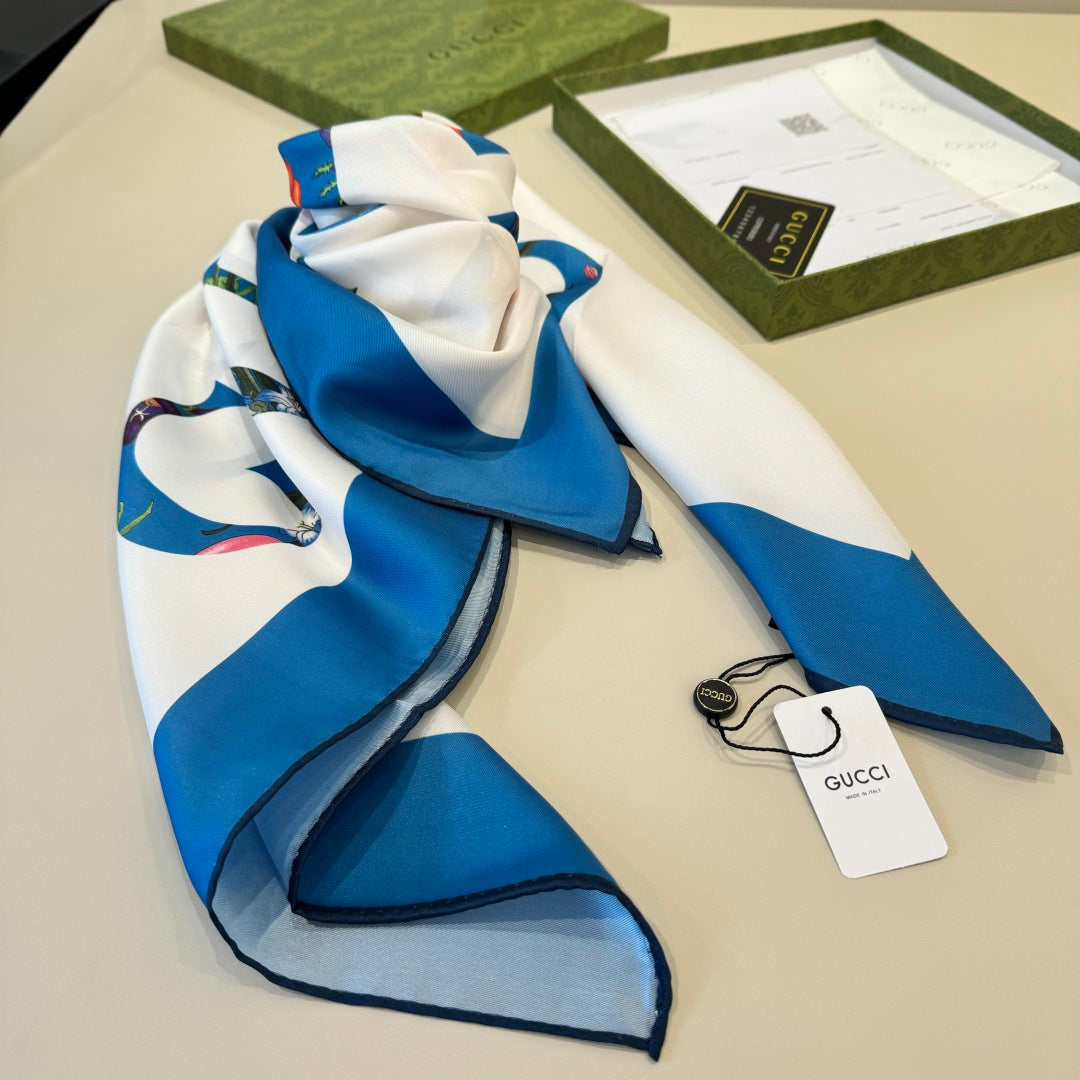 GG Signature Floral Scarf 90CM White Blue Twill Silk 280695