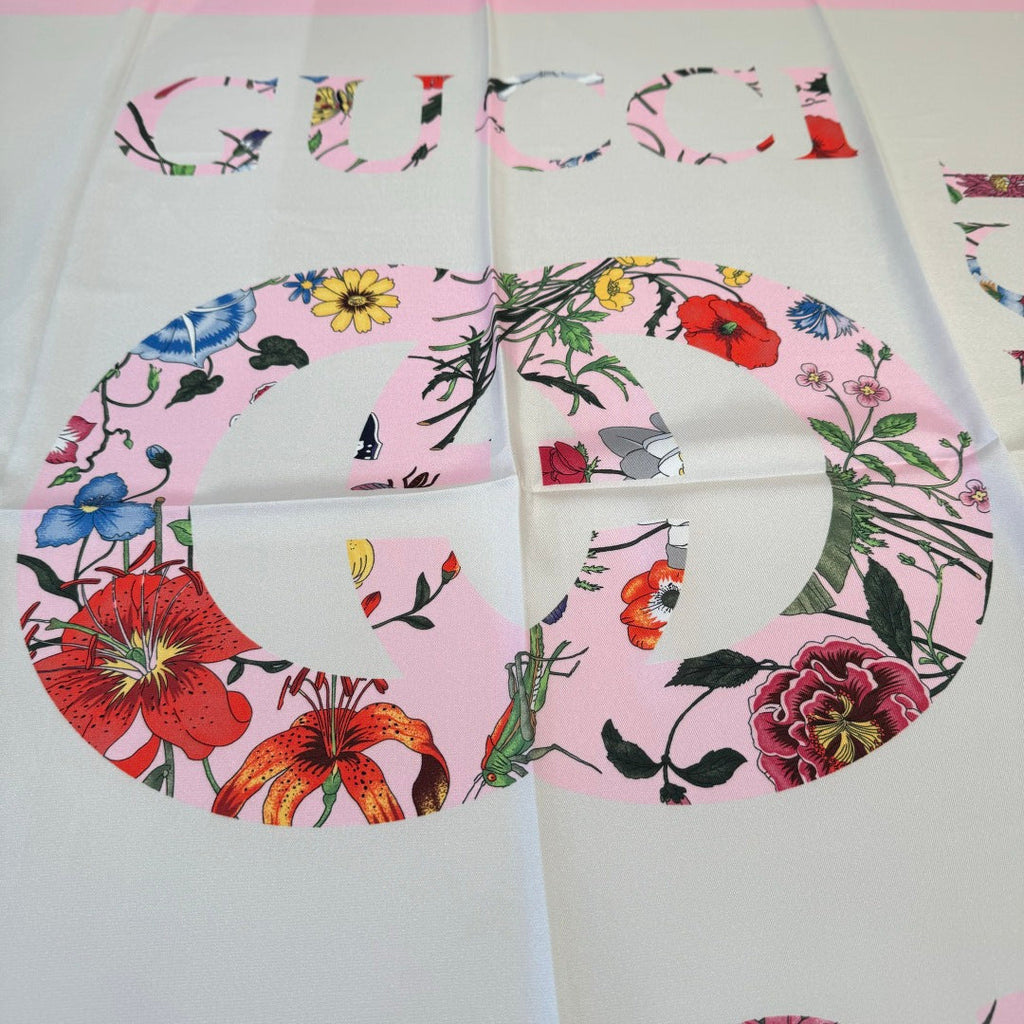 GG Signature Floral Scarf 90CM White Pink Twill Silk 280696