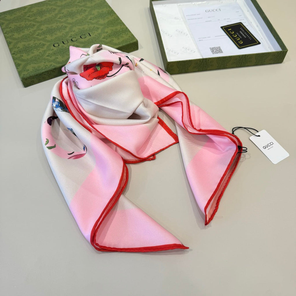 GG Signature Floral Scarf 90CM White Pink Twill Silk 280696
