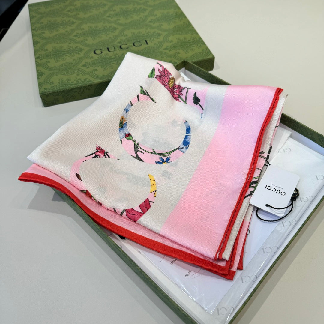 GG Signature Floral Scarf 90CM White Pink Twill Silk 280696