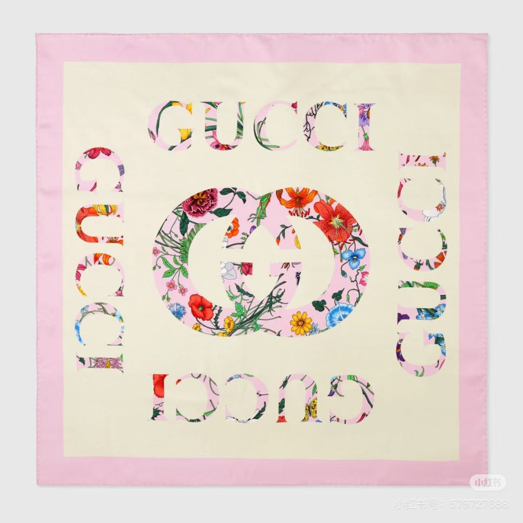 GG Signature Floral Scarf 90CM White Pink Twill Silk 280696