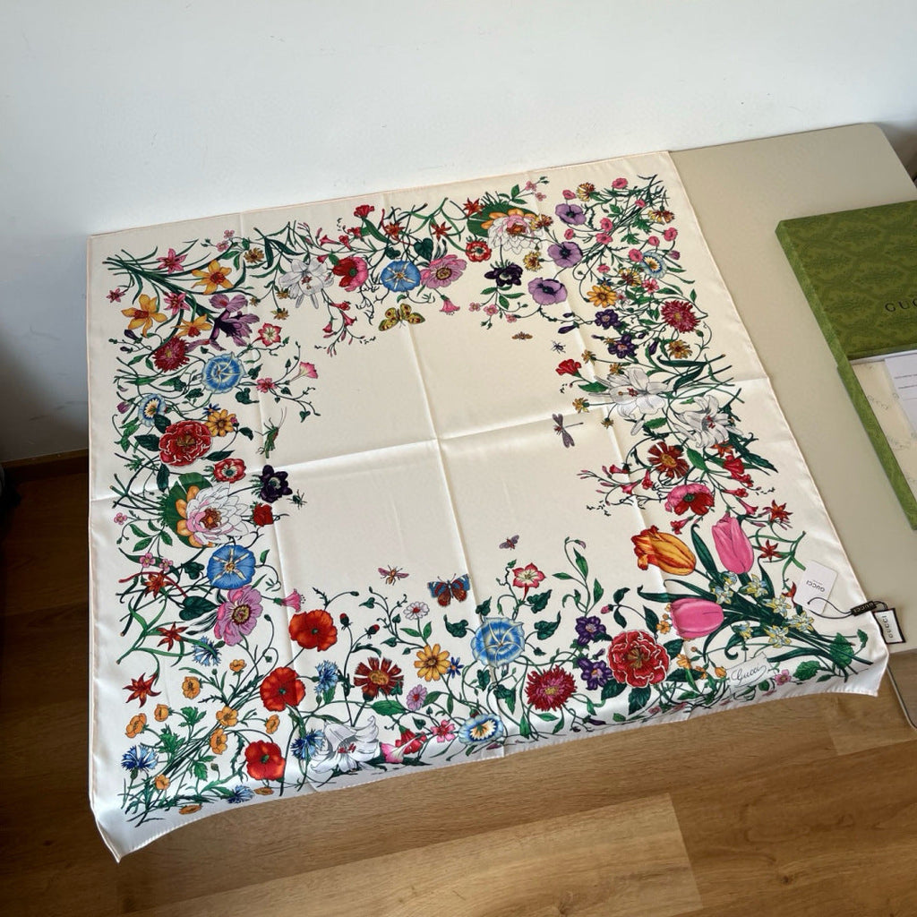 GG Scarf 90CM White Multi-Colored Floral Mulberry Silk 286774