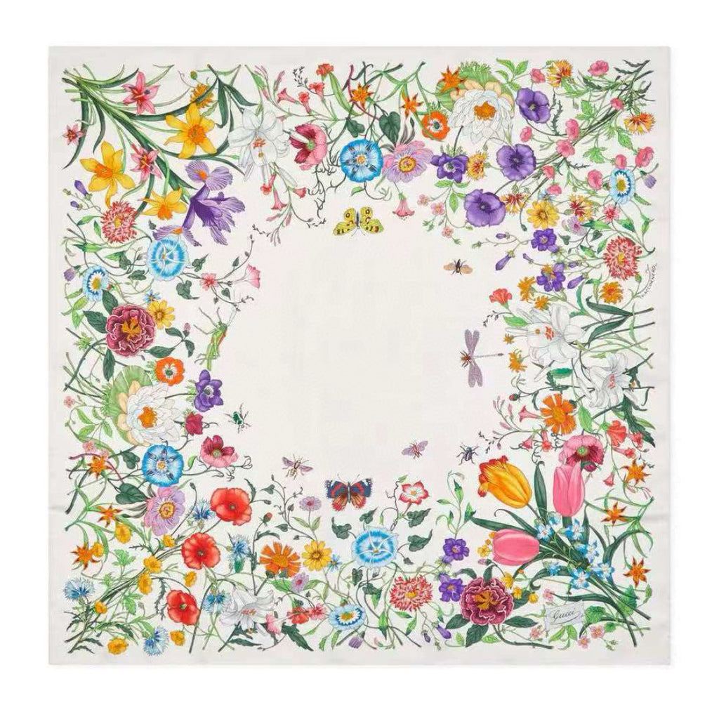 GG Scarf 90CM White Multi-Colored Floral Mulberry Silk 286774