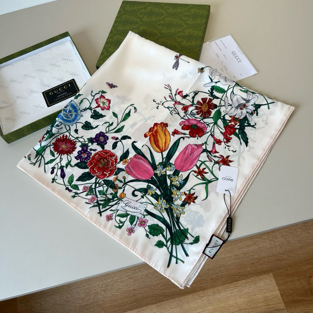 GG Scarf 90CM White Multi-Colored Floral Mulberry Silk 286774