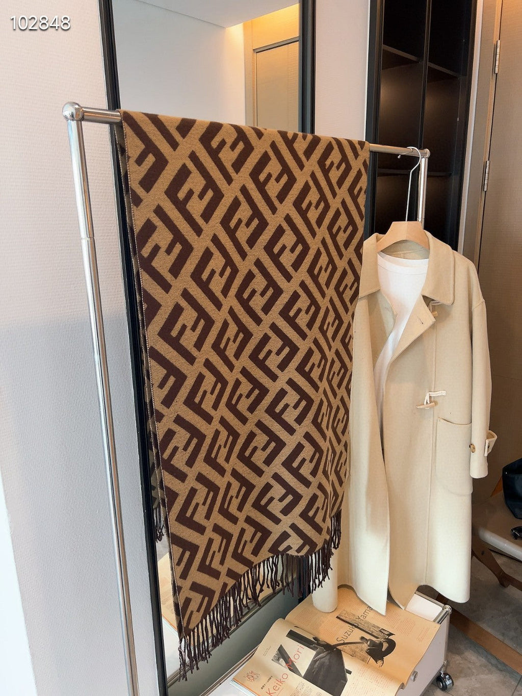 FF Jacquard 180CM Scarf Brown Wool 103618