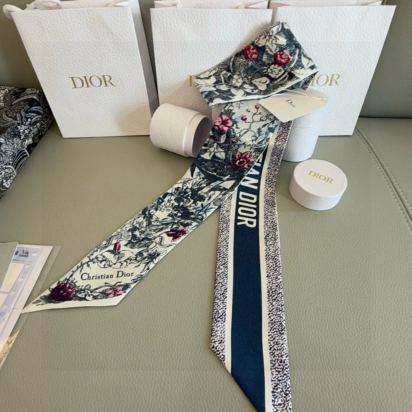 CD Twilly Mini Scarf 105cm Navy Blue Colorful Mulberry Silk 902527