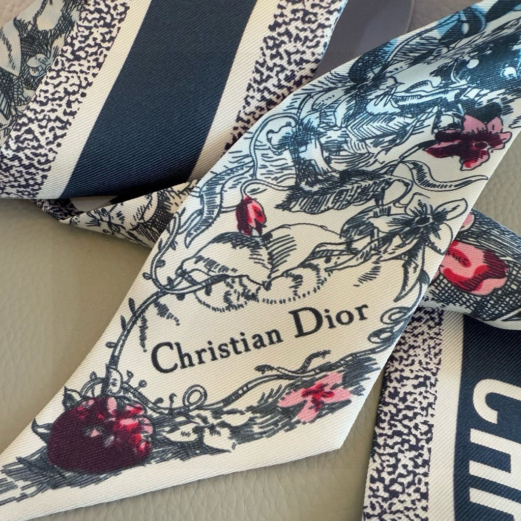 CD Twilly Mini Scarf 105cm Navy Blue Colorful Mulberry Silk 902527