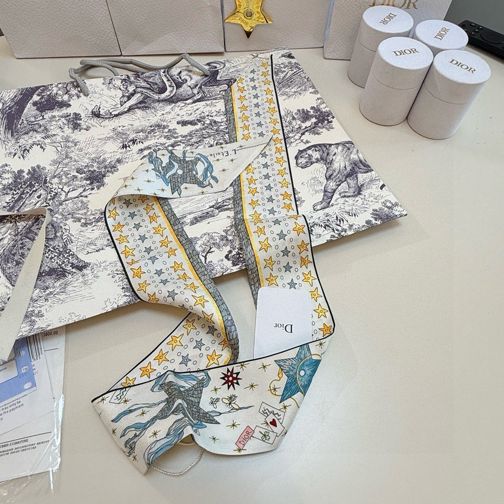 CD Twilly Mini Scarf 105cm Tarot Card White Yellow Mulberry Silk 928083
