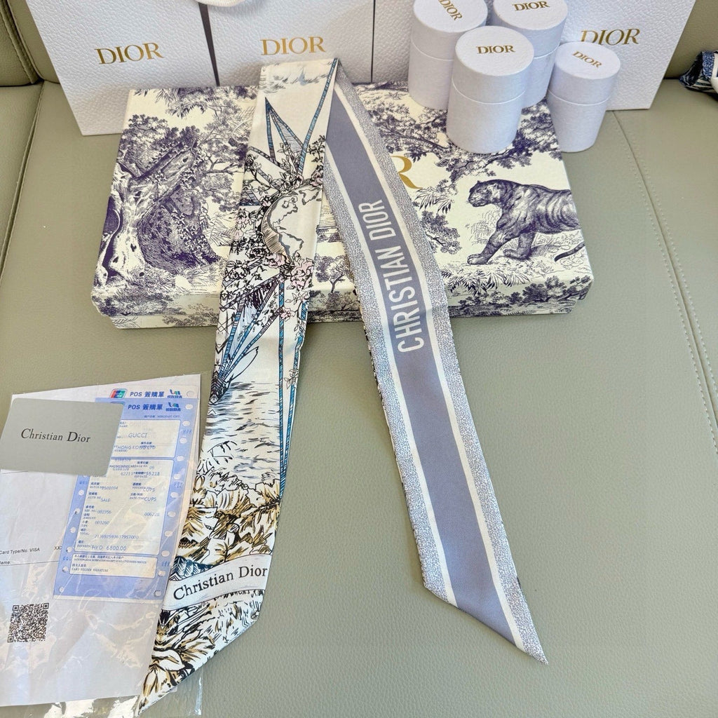 CD Twilly Mini Scarf 105cm Gray Colorful Mulberry Silk 945718