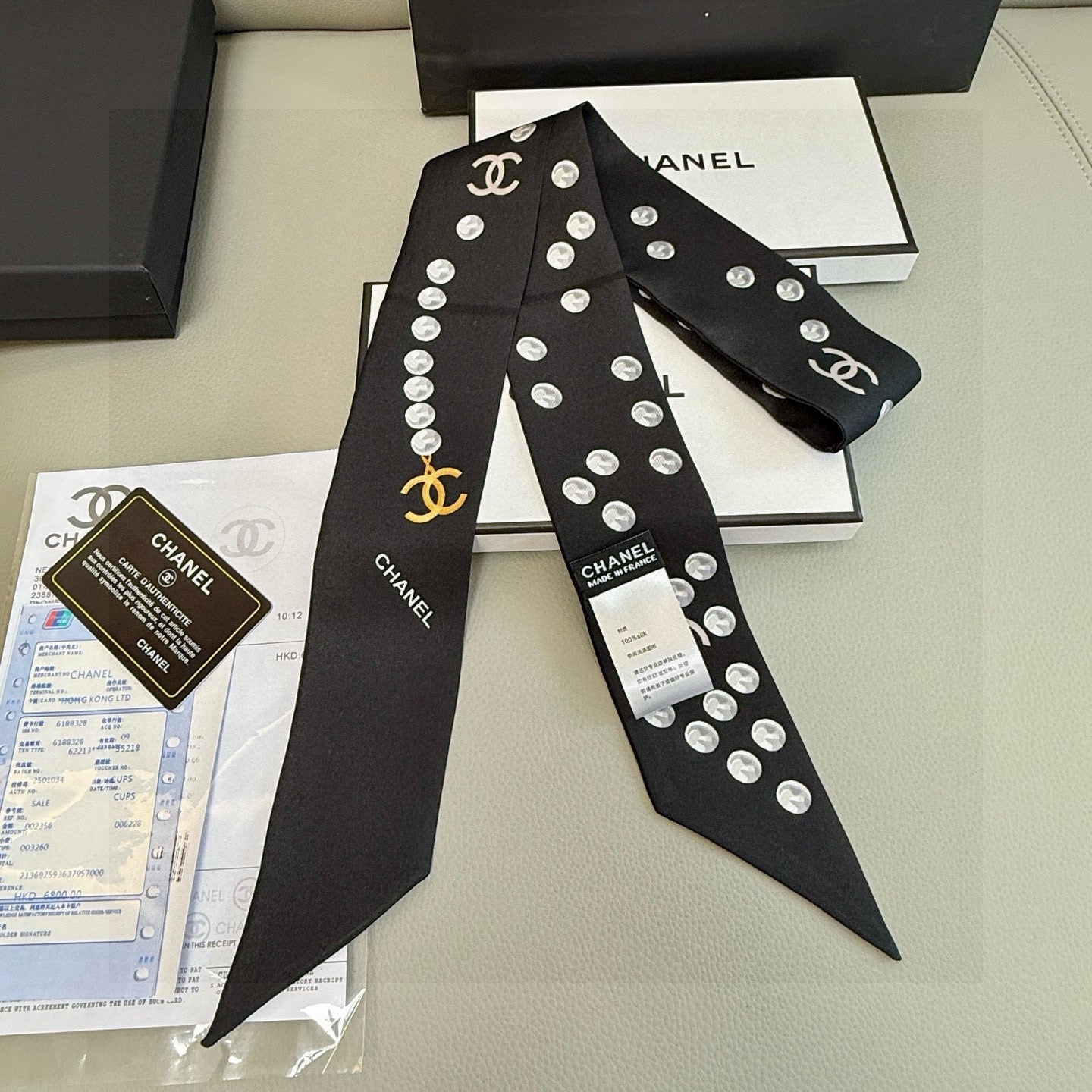 CC Twilly Mini Scarf 120cm Black White Mulberry Silk 949113