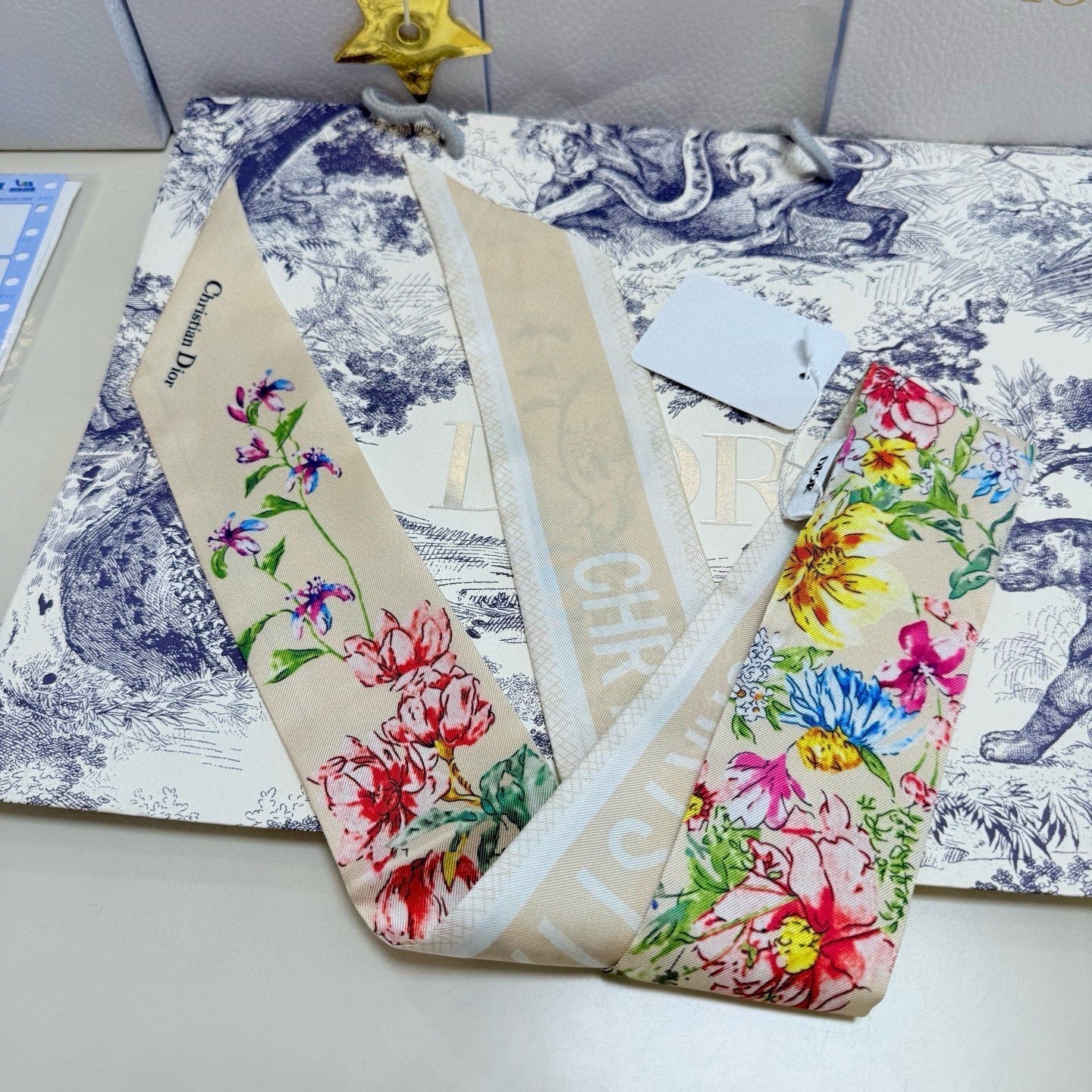 CD Twilly Mini Scarf 100cm Beige Colorful Mulberry Silk 958857