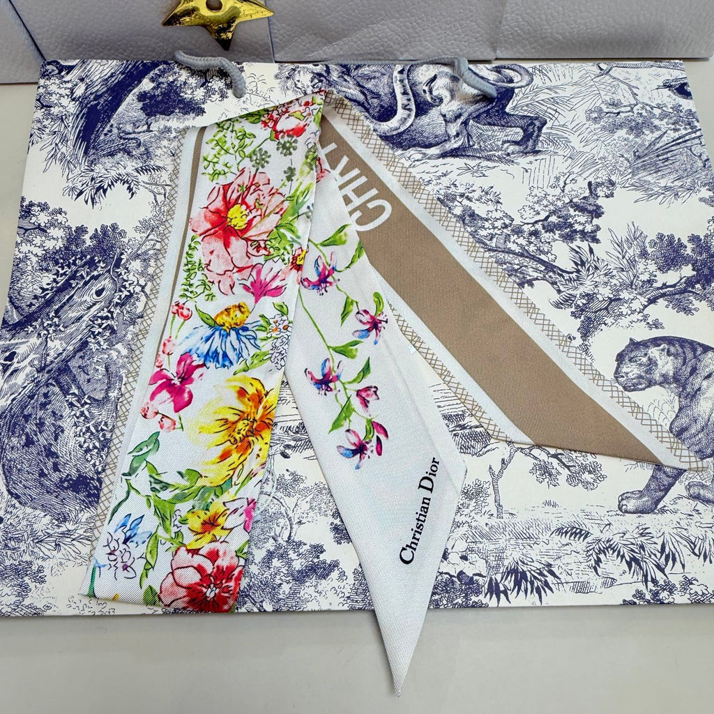 CD Twilly Mini Scarf 100cm Beige Colorful Mulberry Silk 958858
