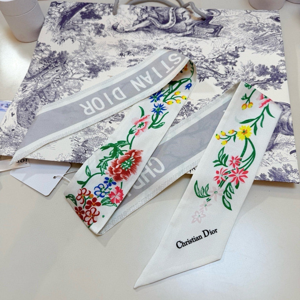 CD Twilly Mini Scarf 100cm White Colorful Mulberry Silk 958860