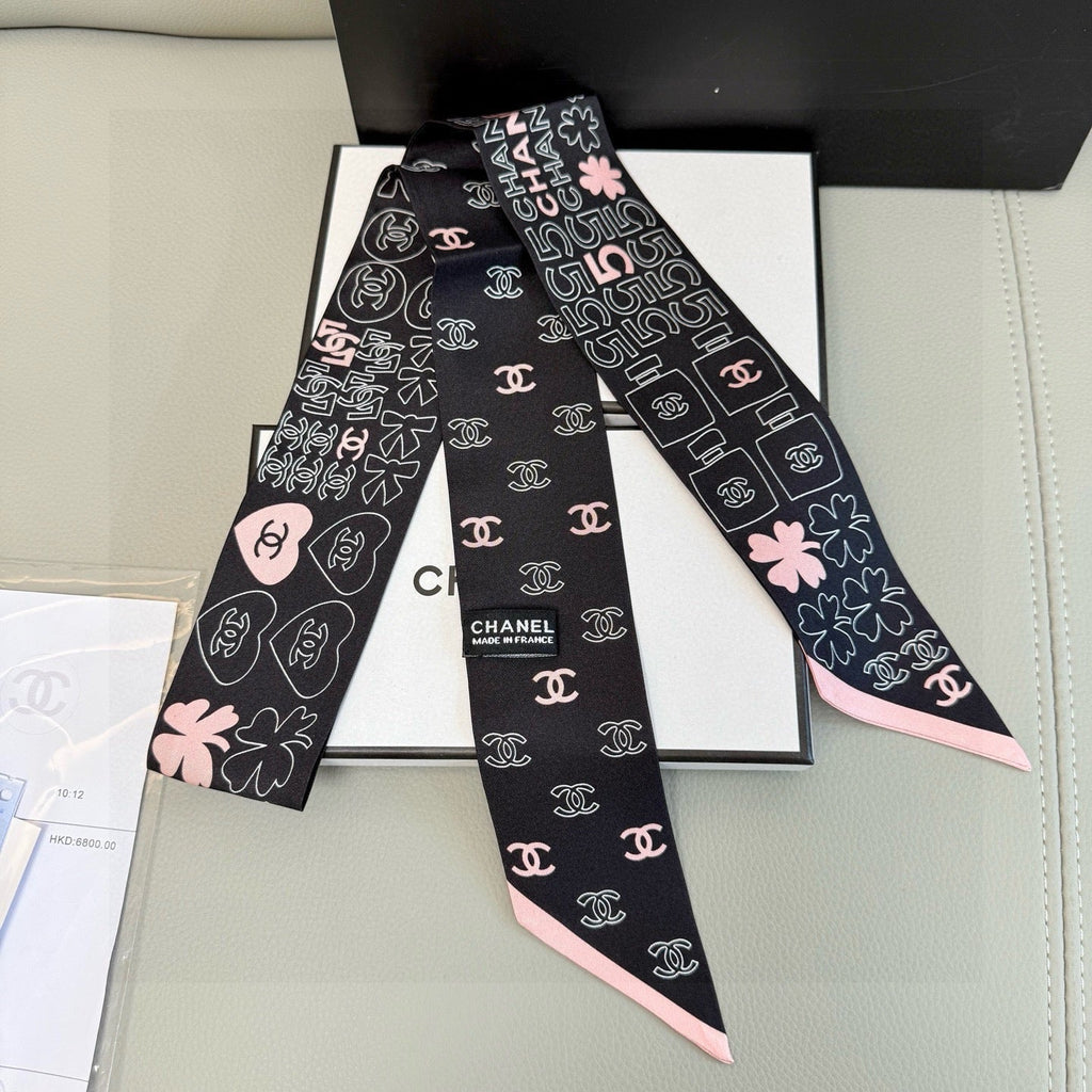 CC Twilly Mini Scarf 120cm Black Pink Mulberry Silk 968852