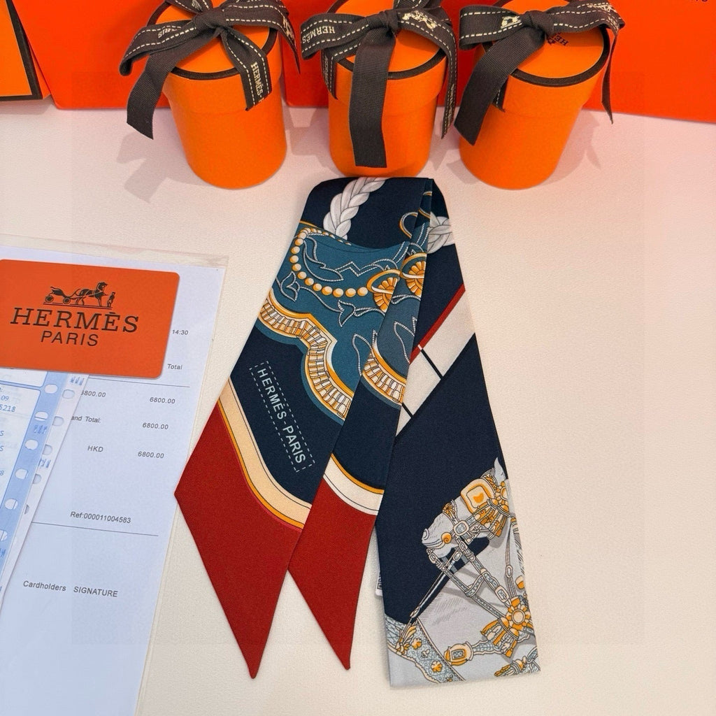 HM Twilly Mini Scarf 105 Creme Blue Terracotta Silk Twill 153180