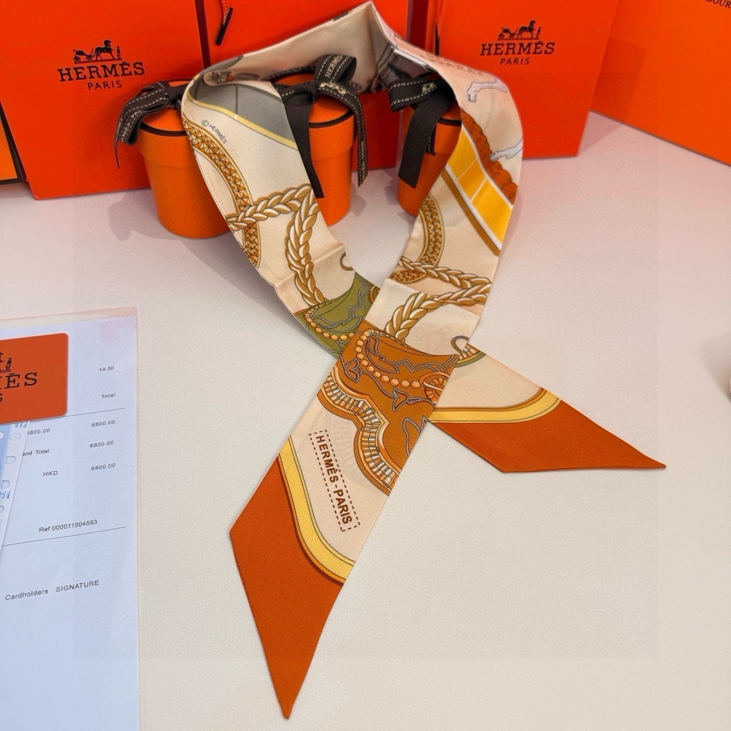 HM Twilly Mini Scarf 105 Beige Orange Silk Twill 153183