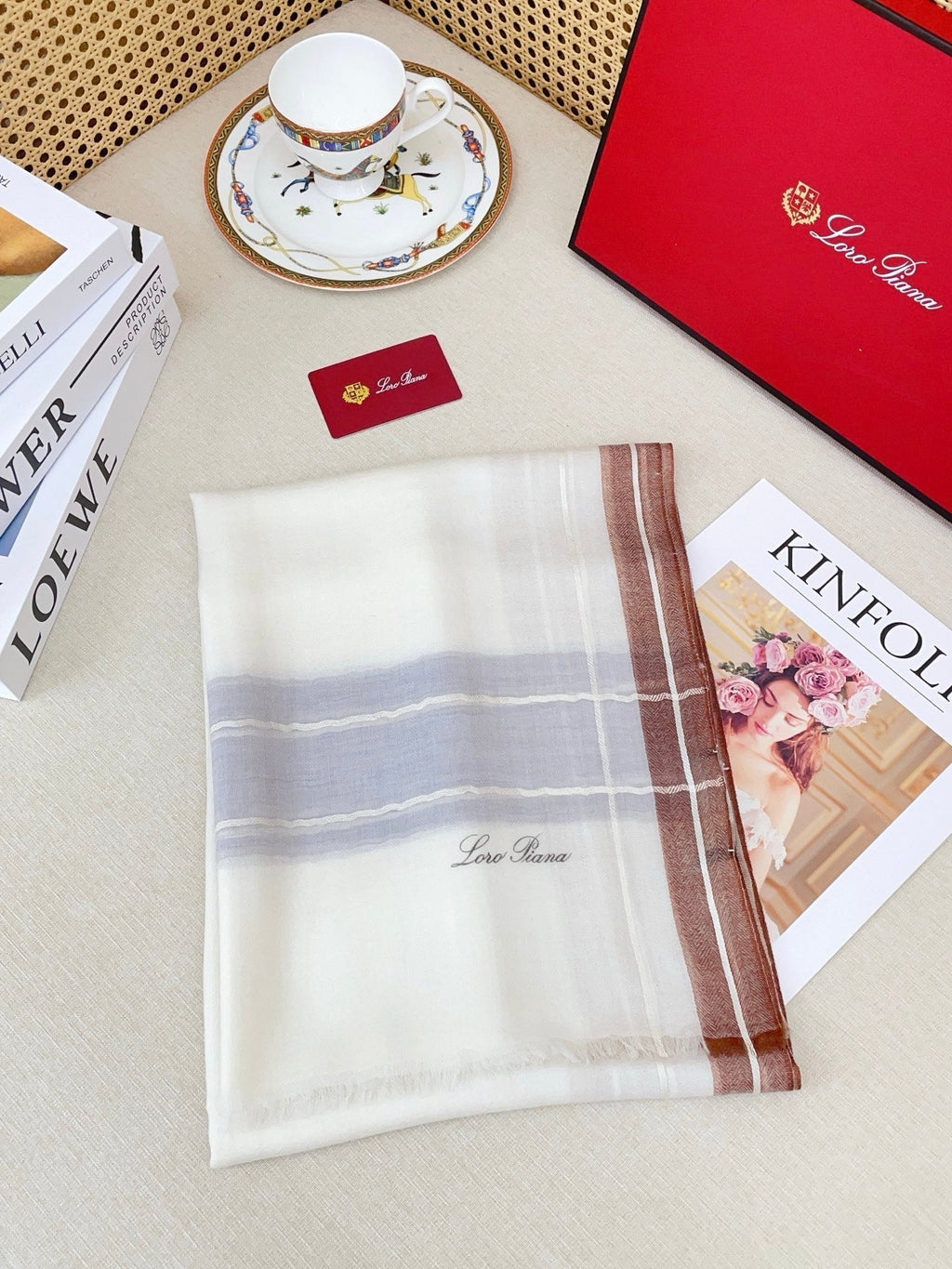 LP Striped Long Scarf 200x100 White Brown Cashmere 139455