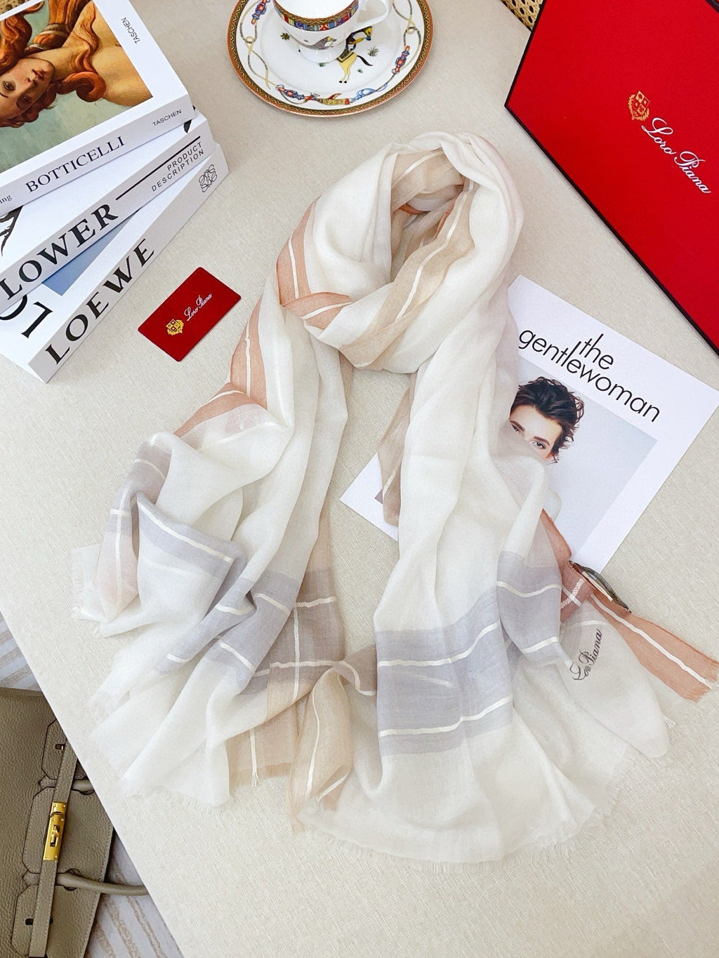 LP Striped Long Scarf 200x100 White Brown Cashmere 139455