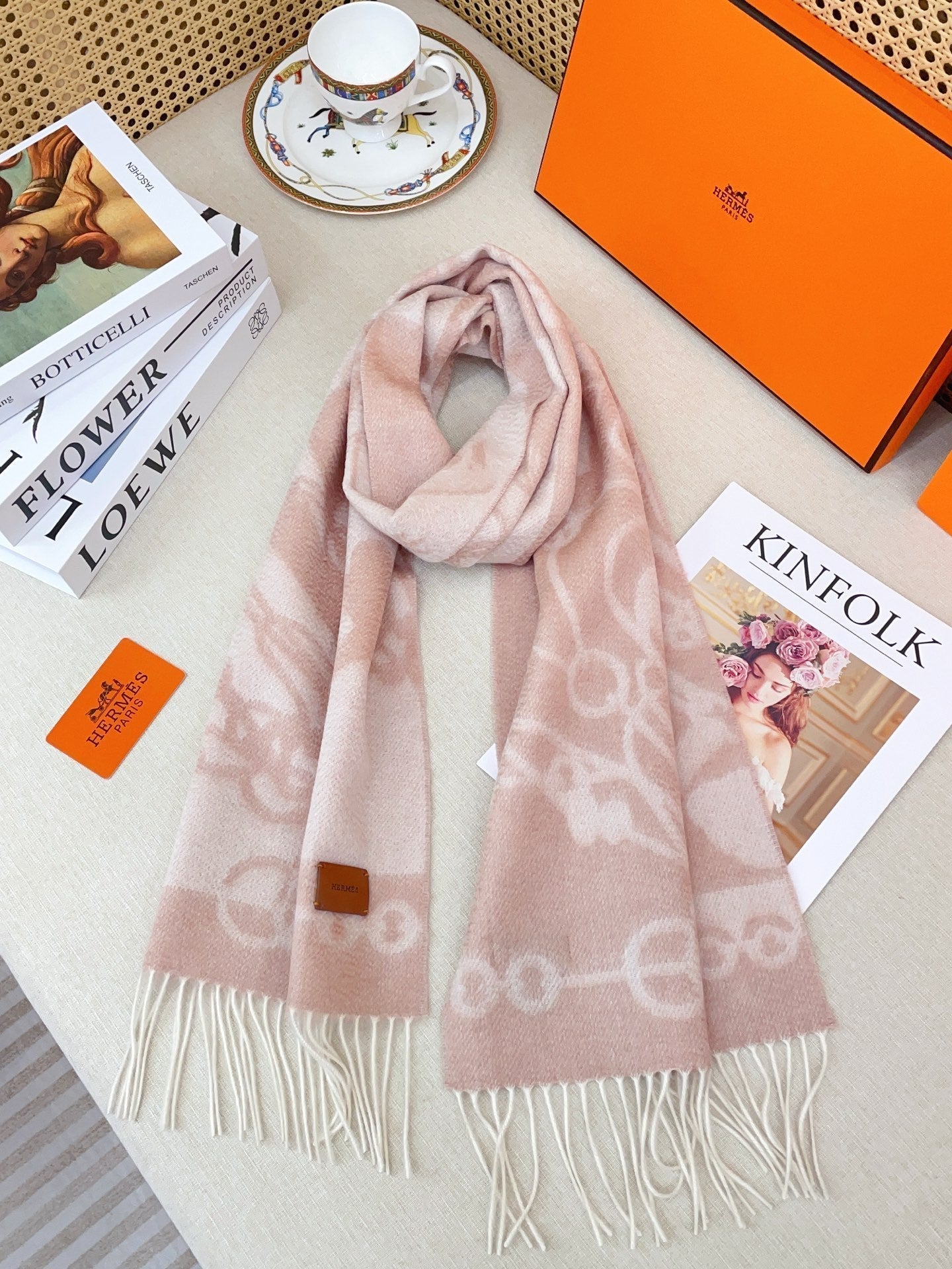 HM Casaque Mors Long Scarf Pink Ivory Cashmere 139451