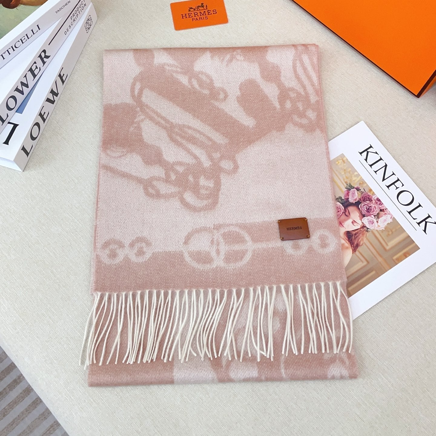 HM Casaque Mors Long Scarf Pink Ivory Cashmere 139451