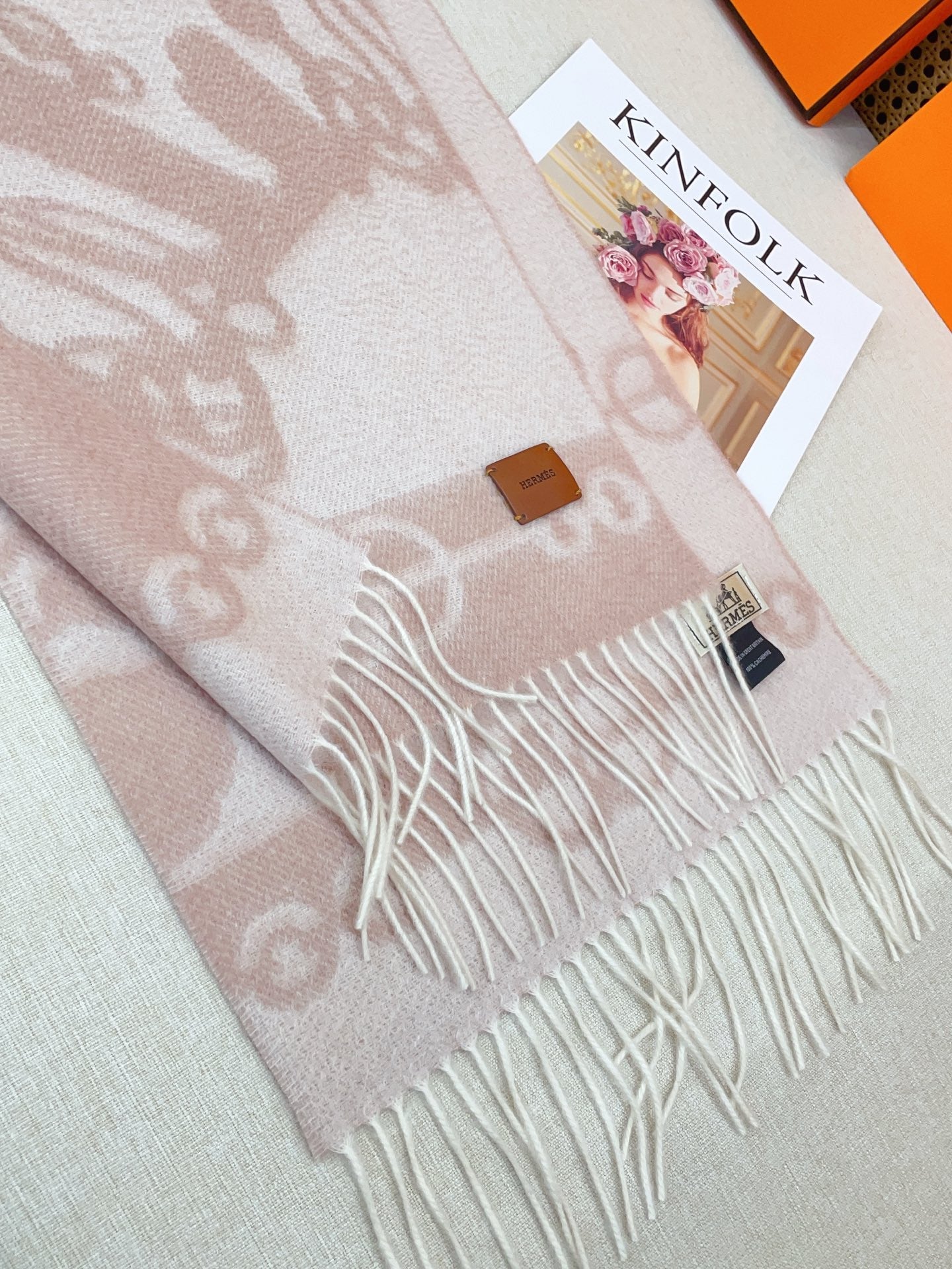 HM Casaque Mors Long Scarf Pink Ivory Cashmere 139451