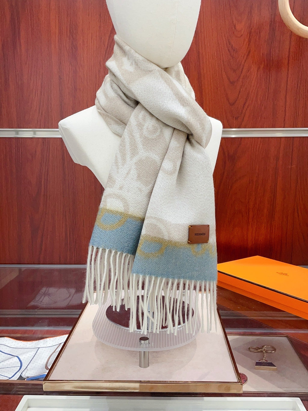 HM Casaque Mors Long Scarf Grey White Blue Cashmere 139453