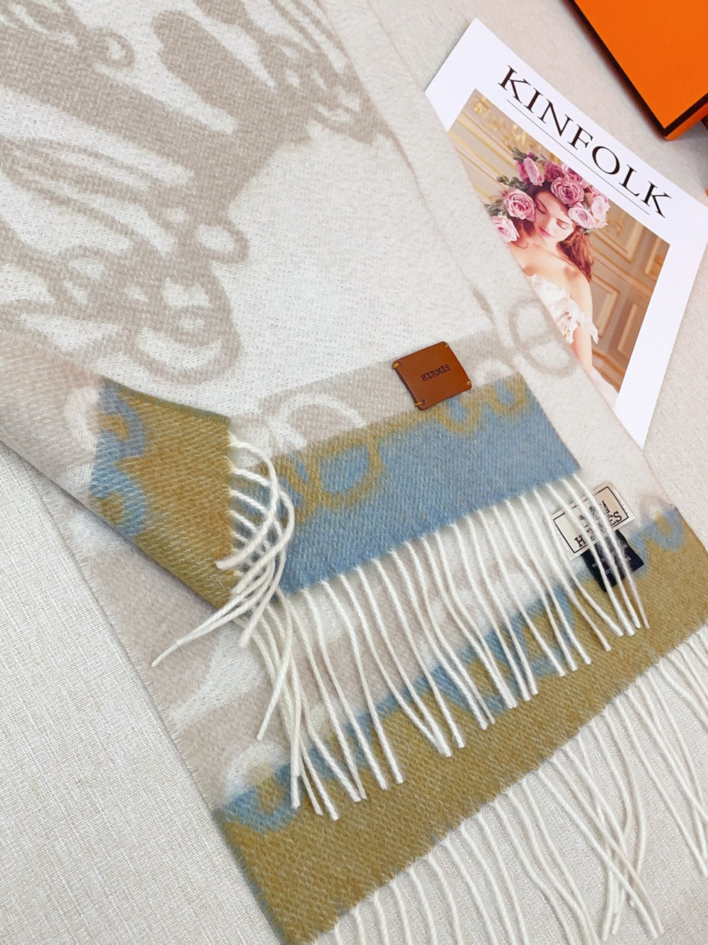 HM Casaque Mors Long Scarf Grey White Blue Cashmere 139453
