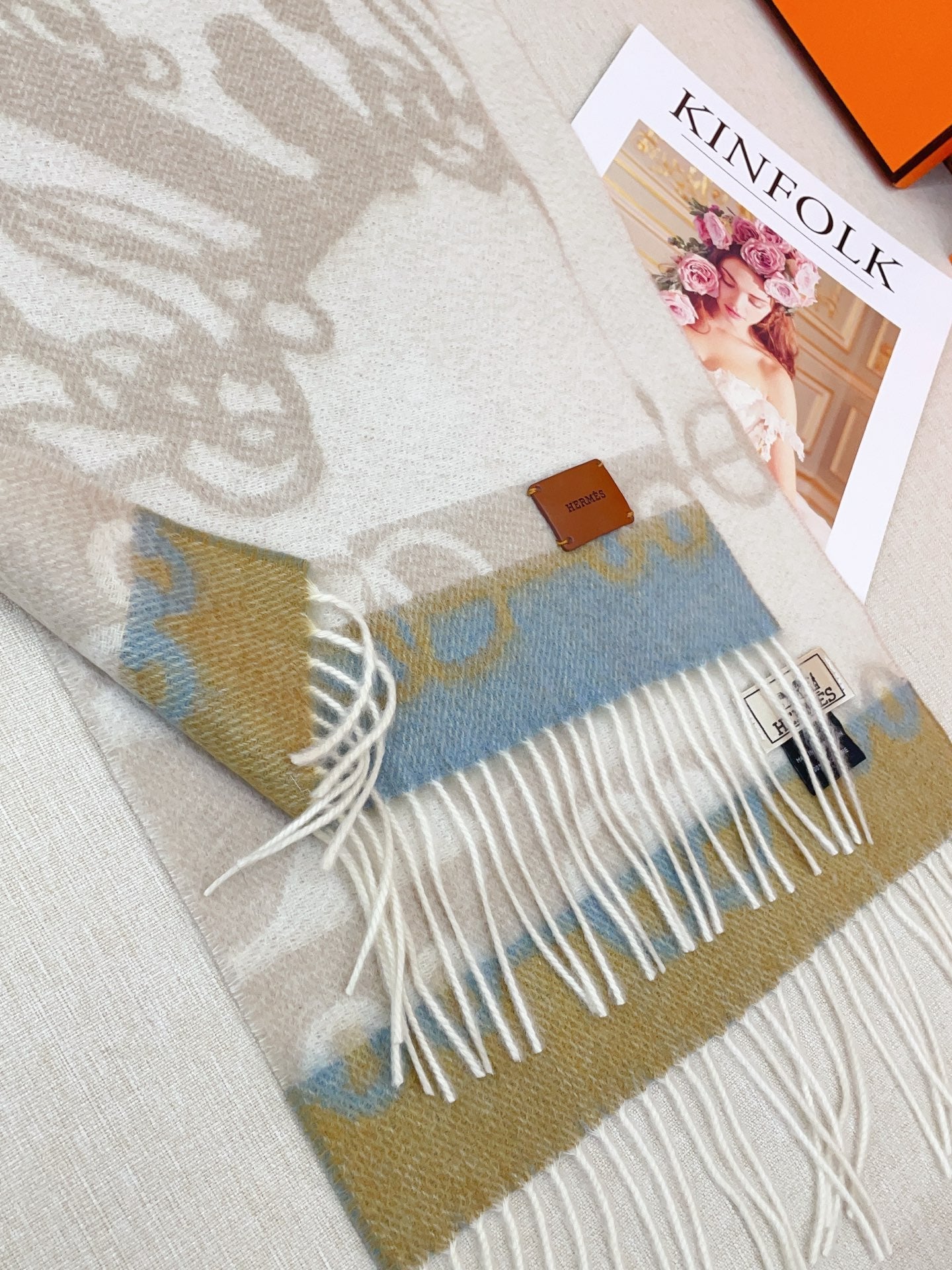 HM Casaque Mors Long Scarf Grey White Blue Cashmere 139453