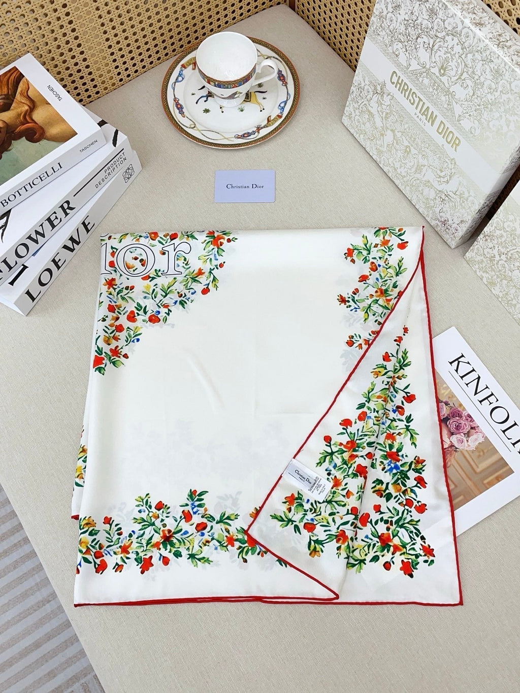 CD Dioramour Floral Heart Scarf 90x90 White Colorful Twill Silk 223490