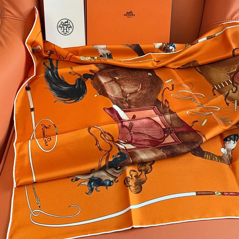 HM 26s 90 House Scarf Orange Colorful Mulberry Silk 153377