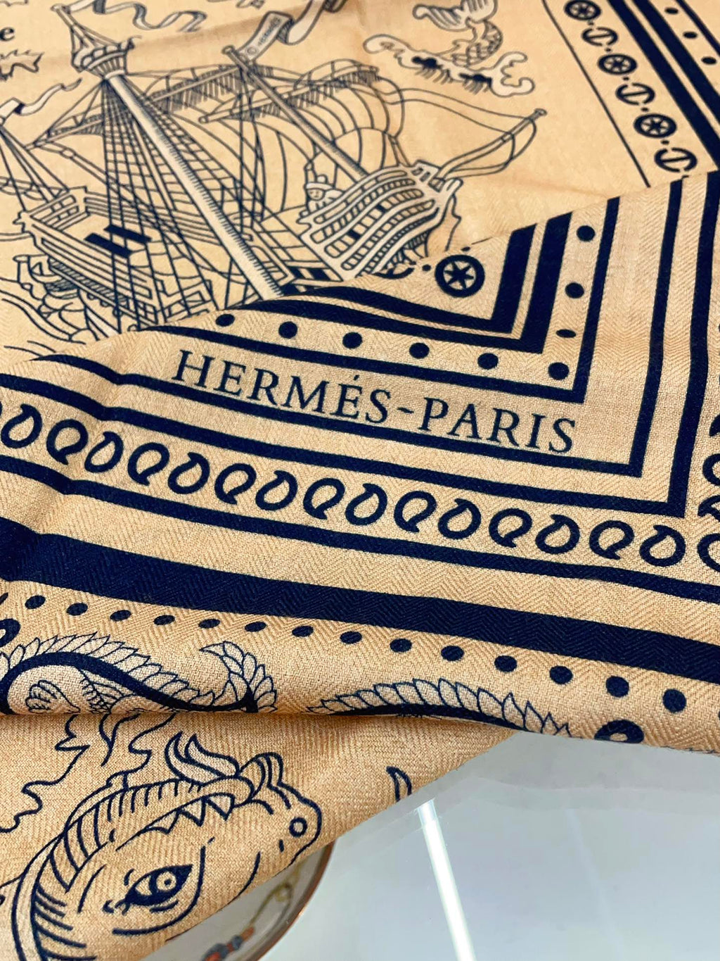 Tatouages Marins Bandana Shawl 135 CM In Dark Beige Colorful Cashmere And Silk 252314
