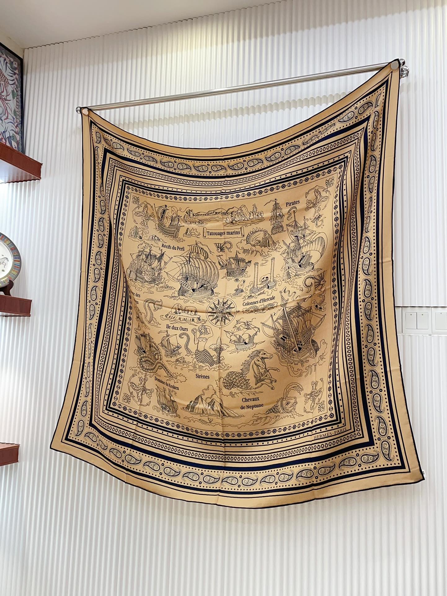 Tatouages Marins Bandana Shawl 135 CM In Dark Beige Colorful Cashmere And Silk 252314